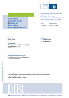 Zulassung Nr. Z-17.1-973, Flachstürze mit bewehrten Zuggurten in Ziegel-Formsteinen, Geltungsdauer: 18. März 2018 bis 18. März 2023