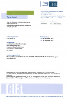 Z-23.22-1787 - Schallschutzbemessung für hochwärmedämmendes Ziegelmauerwerk