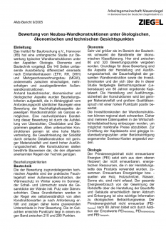 Bewertung von Neubau-Wandkonstruktionen unter ökologischen, ökonomischen und technischen Gesichtspunkten